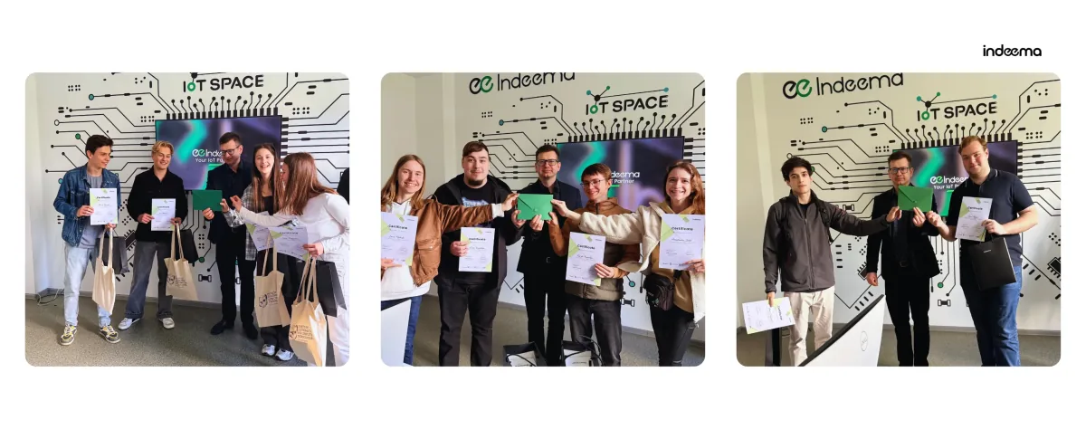 Three photos of IoT Challenge participants holding certificates and gift bags with an Indeema host in front of the IoT Space wall mural