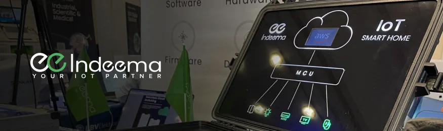 Indeema IoT Smart Home demo case showing AWS cloud, an MCU and connected devices at an event booth, with Indeema Your IoT Partner logo