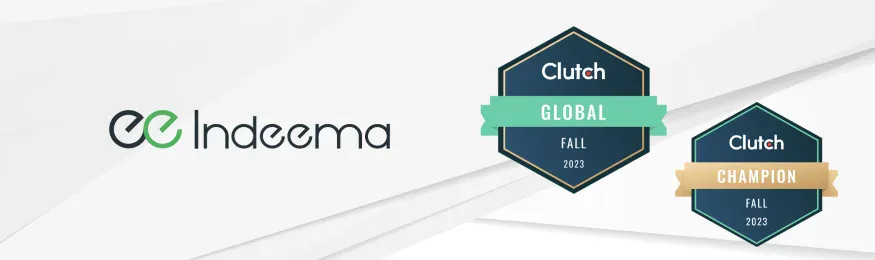 Indeema logo beside two Clutch badges: Global Fall 2023 and Champion Fall 2023