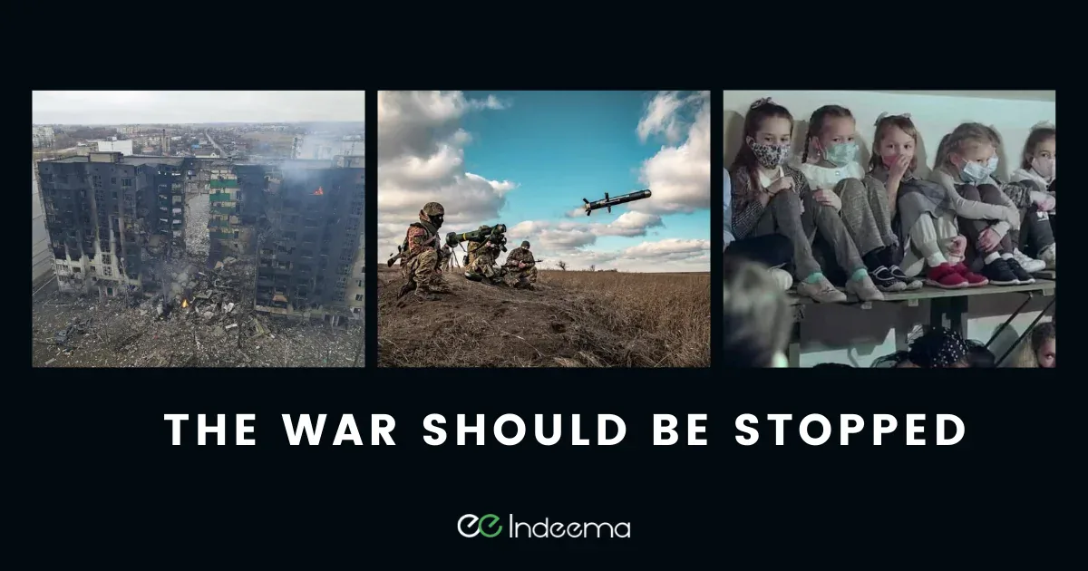 Three photos of a destroyed apartment block, soldiers firing a missile and children in masks, captioned The war should be stopped