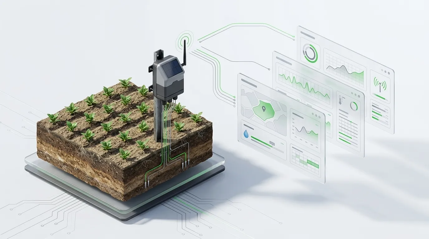 A sensor on a post in a block of planted ground, cabled to panels of moisture and growth readings
