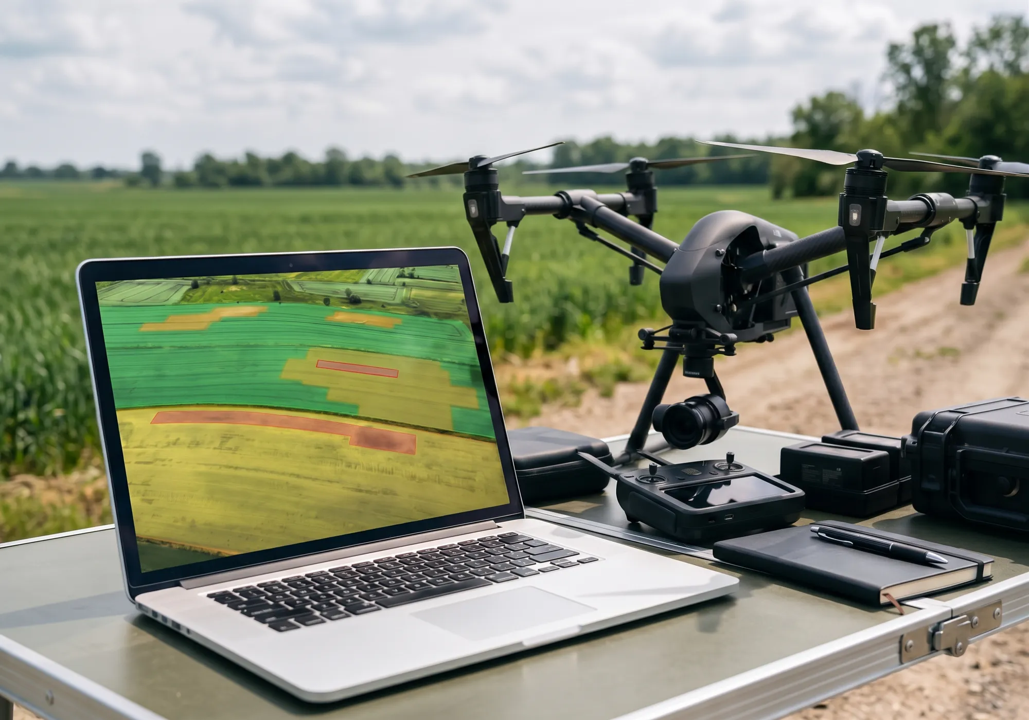 A drone with a camera gimbal on a field table beside a laptop showing a coloured crop map, with a crop field behind