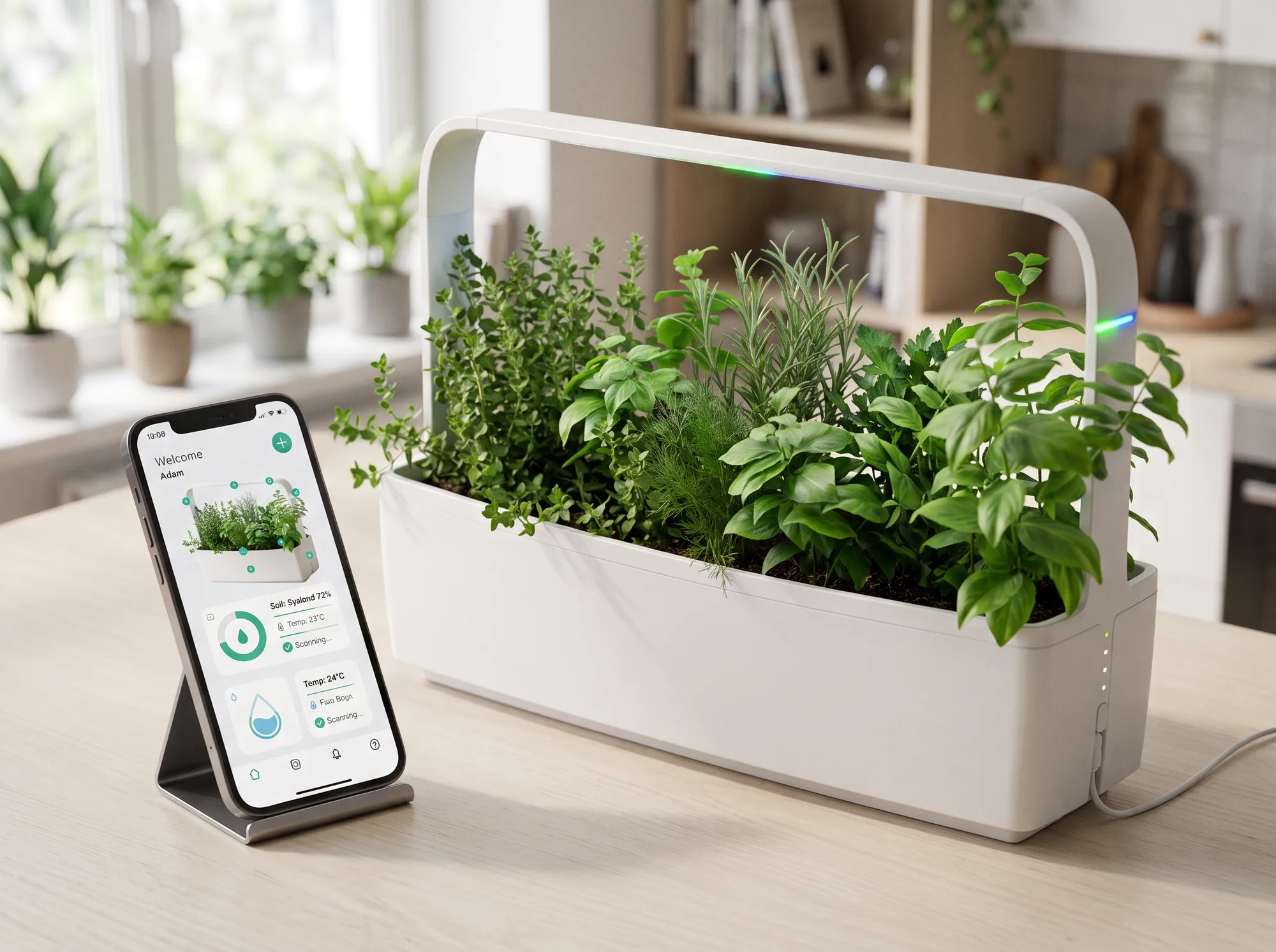 An indoor herb planter with a light bar, beside a phone on a stand showing the planter’s app