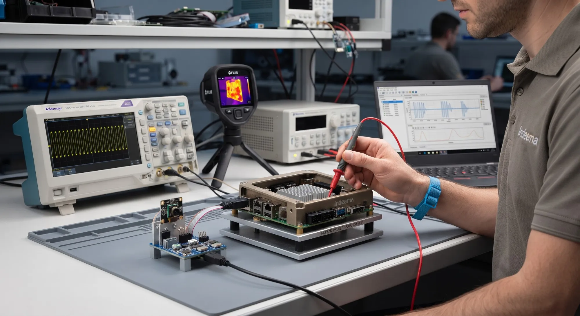 Engineer probing a compute module wired to a camera board on a bench, with an oscilloscope, a thermal camera and signal plots on a laptop around it