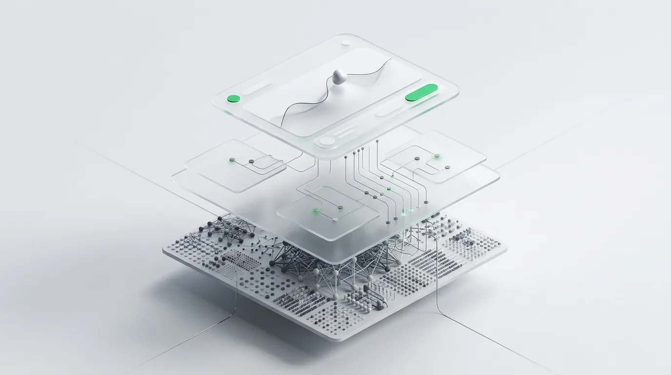 A circuit board at the base of a layered render, with signal-processing layers above it and a waveform panel on top