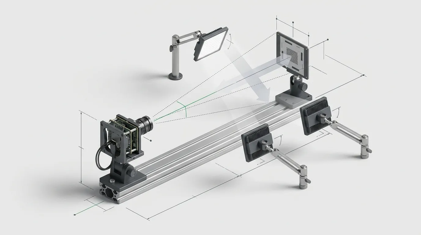A camera module on an aluminium rail aimed at a target screen, with an adjustable lamp beside it, drawn as a test set-up