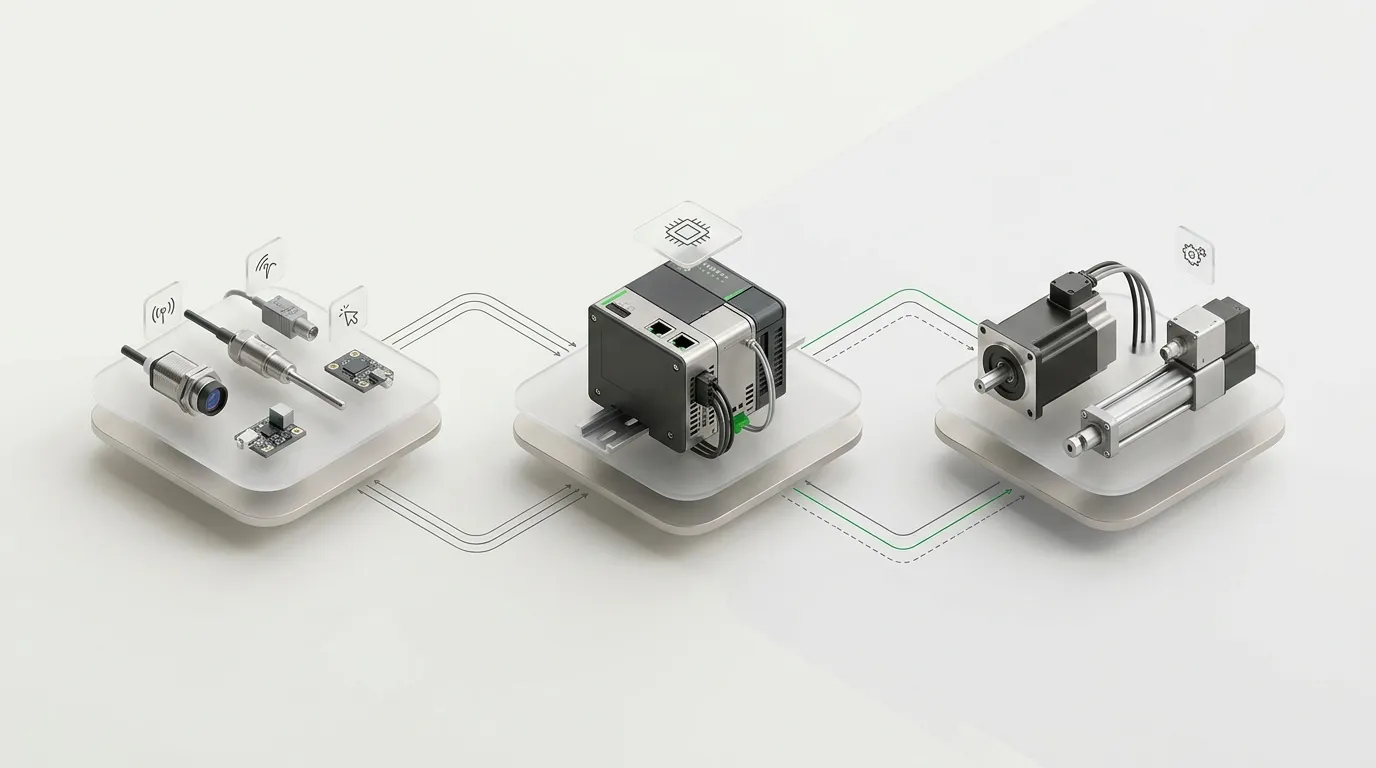 Three stages on glass plates joined by lines: sensors, a compute module, and an electric motor with an actuator
