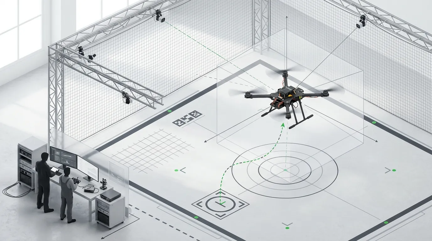 A test arena drawn in perspective: a quadcopter over a marked landing pad inside a truss frame with cameras, and two engineers at a workstation