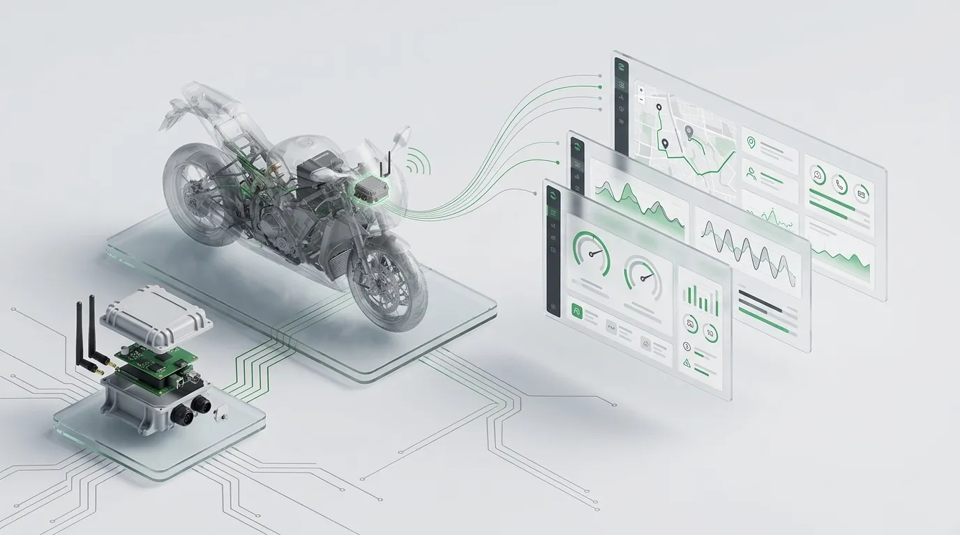 A motorcycle with its electronics shown inside, a telemetry board in front of it and charts of its readings beside it