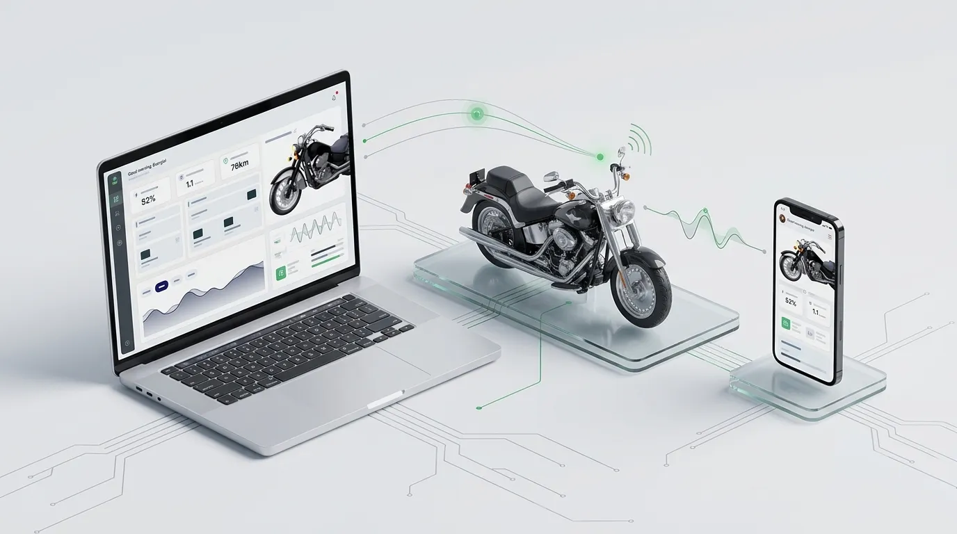 A laptop app, a motorcycle and a phone app joined by a wireless link