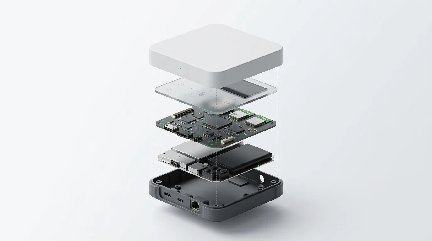 Exploded view of a small connected hub: the white lid, two circuit boards and the base with its ports