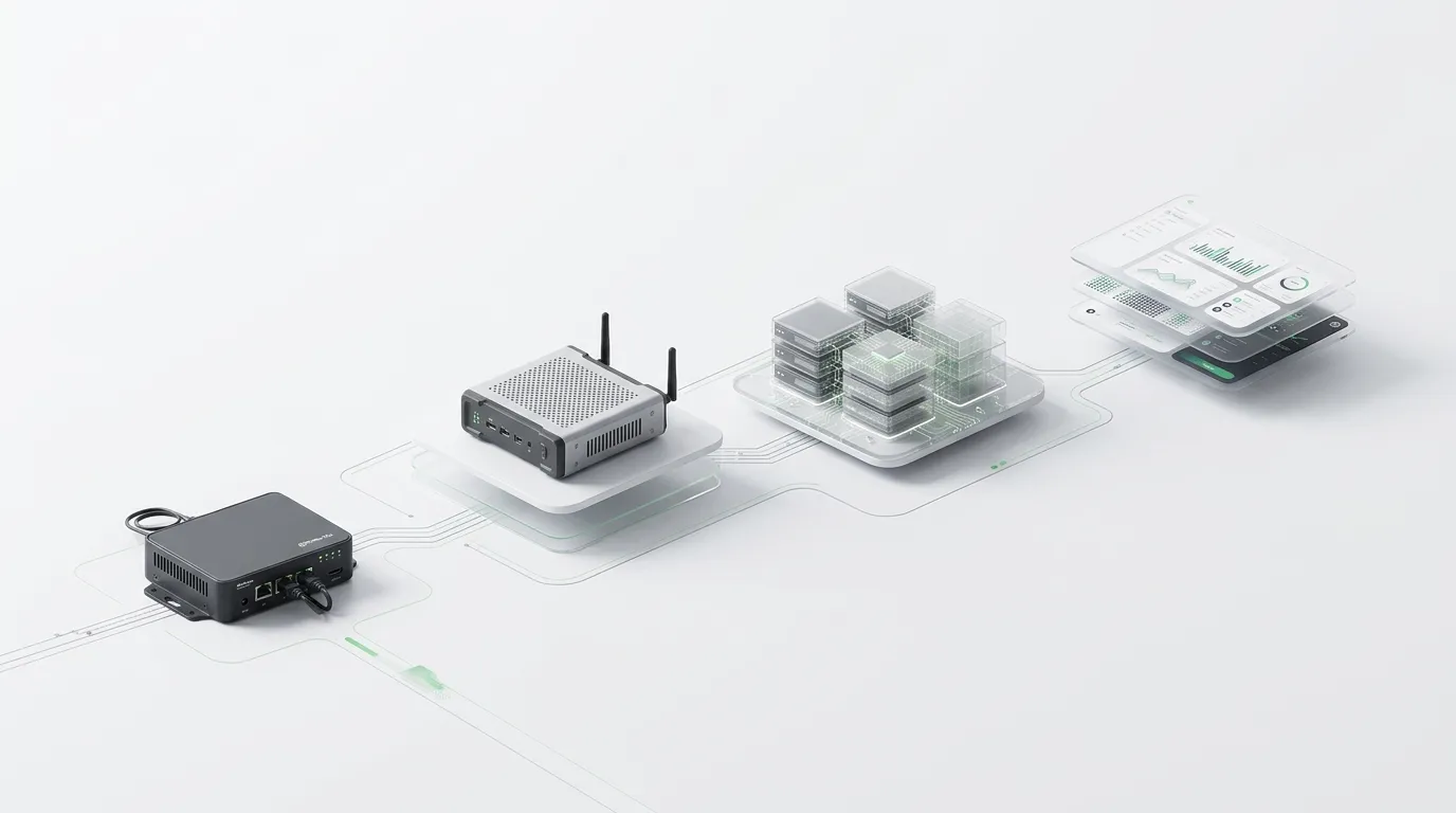 Four devices on glass plates joined by one line: a small sensor box, a gateway with antennas, a compute stack and a screen of results