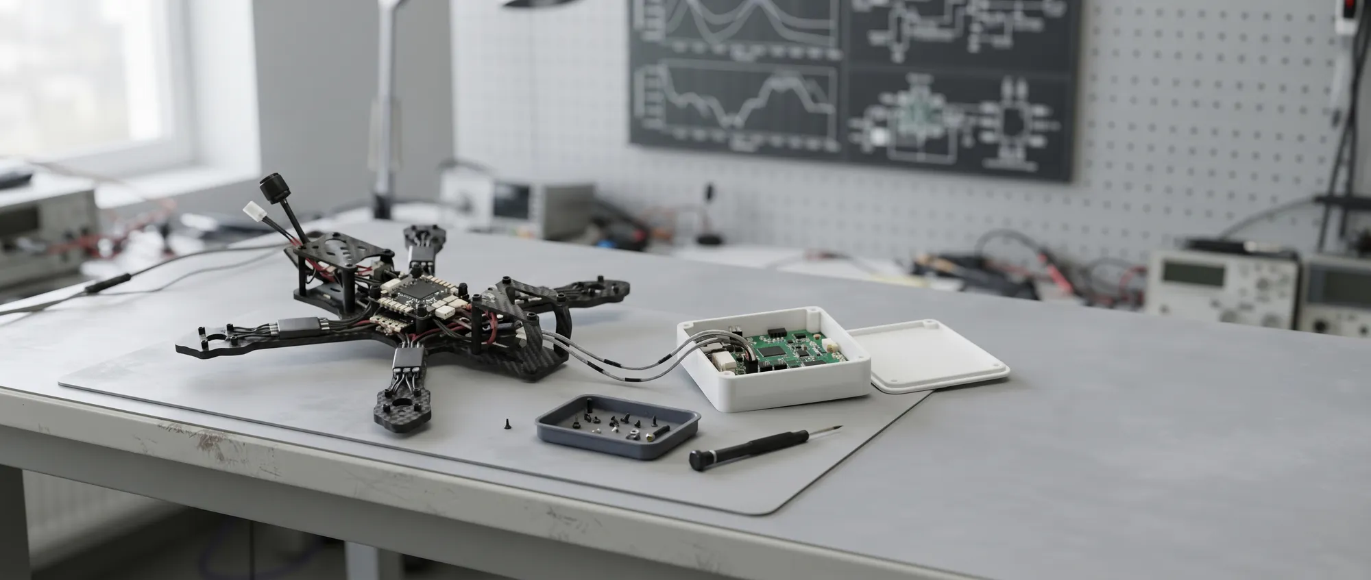 A drone airframe and an open connected device side by side on a prototype work table, with test instruments and a wall of plots behind
