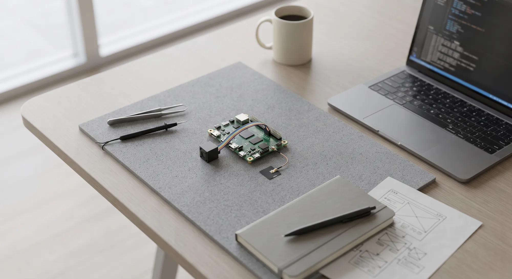 A connected-product prototype board on a mat, with tweezers and a probe on one side, a laptop on the other and a notebook with a sketch in front