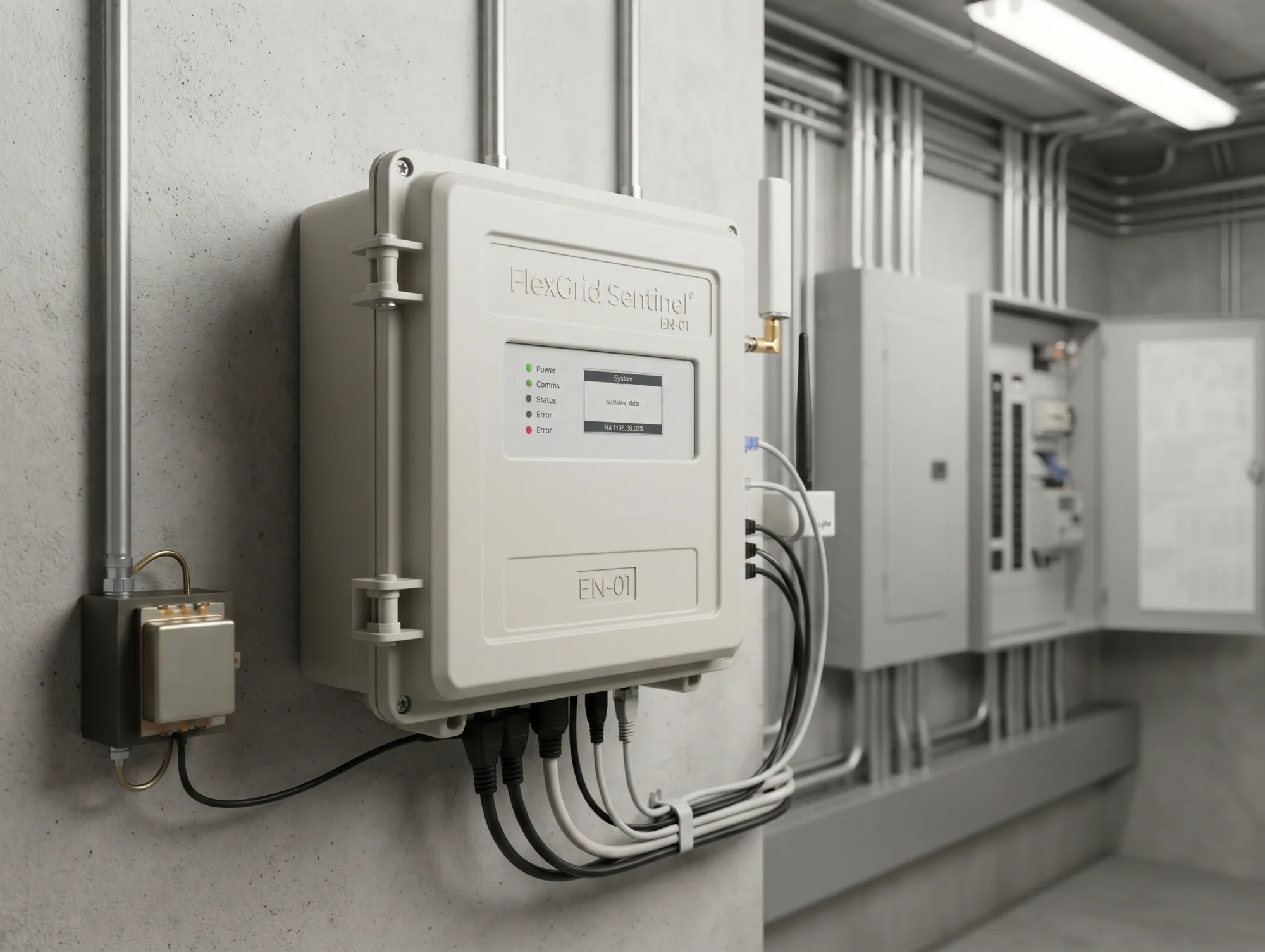 A grey monitoring enclosure with an antenna on a plant-room wall, cabled to a junction box and to an open electrical distribution panel