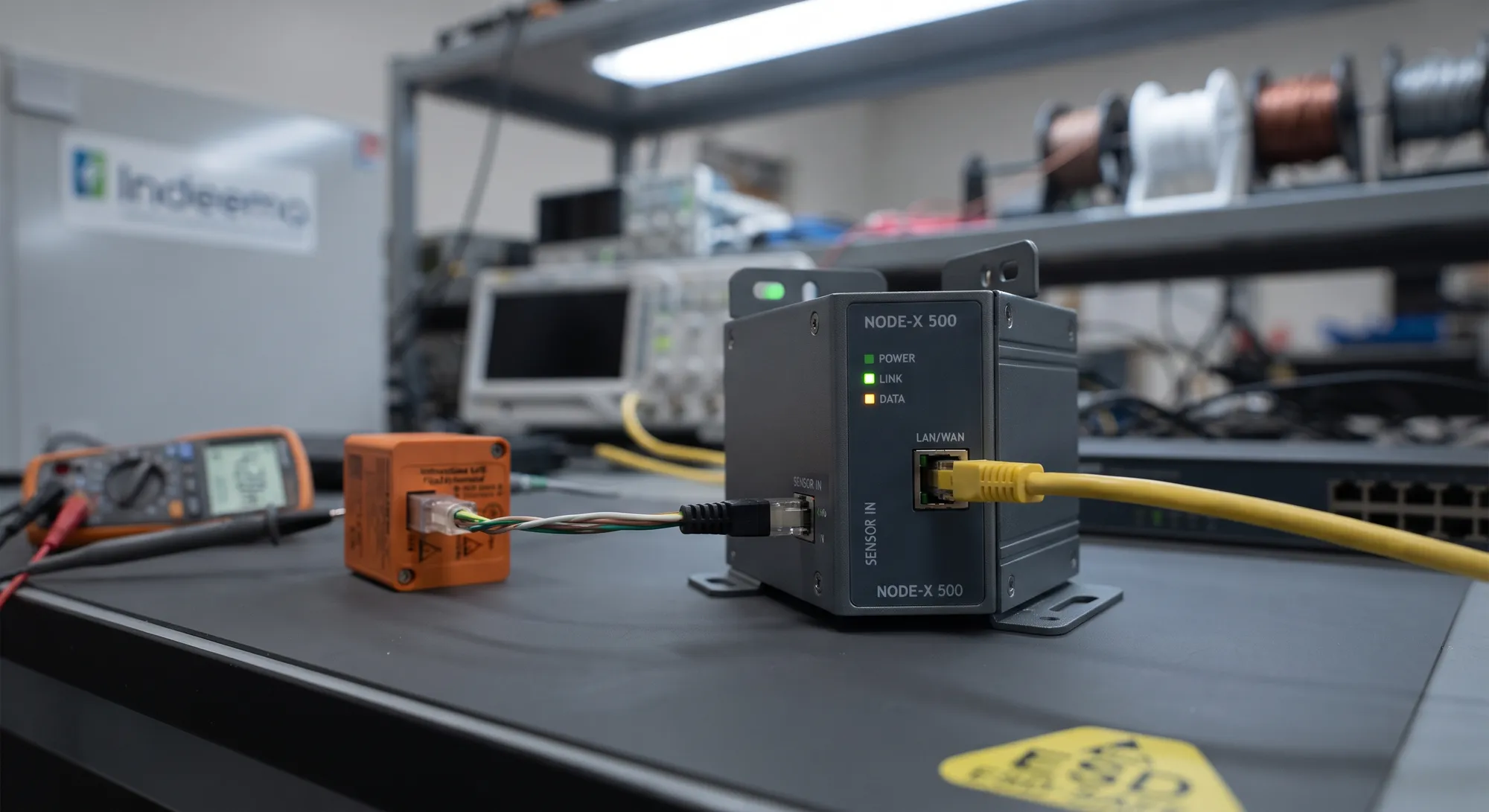 A gateway box on an engineering bench, wired from a small sensor on one port and to the network on the other, with a multimeter and an oscilloscope behind