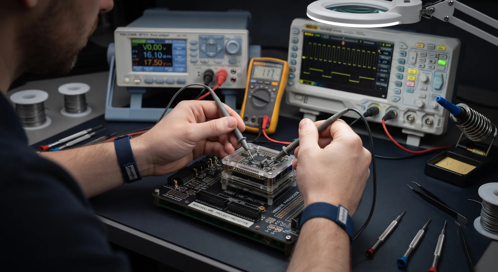 An engineer’s hands holding two probes on a prototype in a clear case on a development board, with a power analyser, a multimeter and an oscilloscope behind