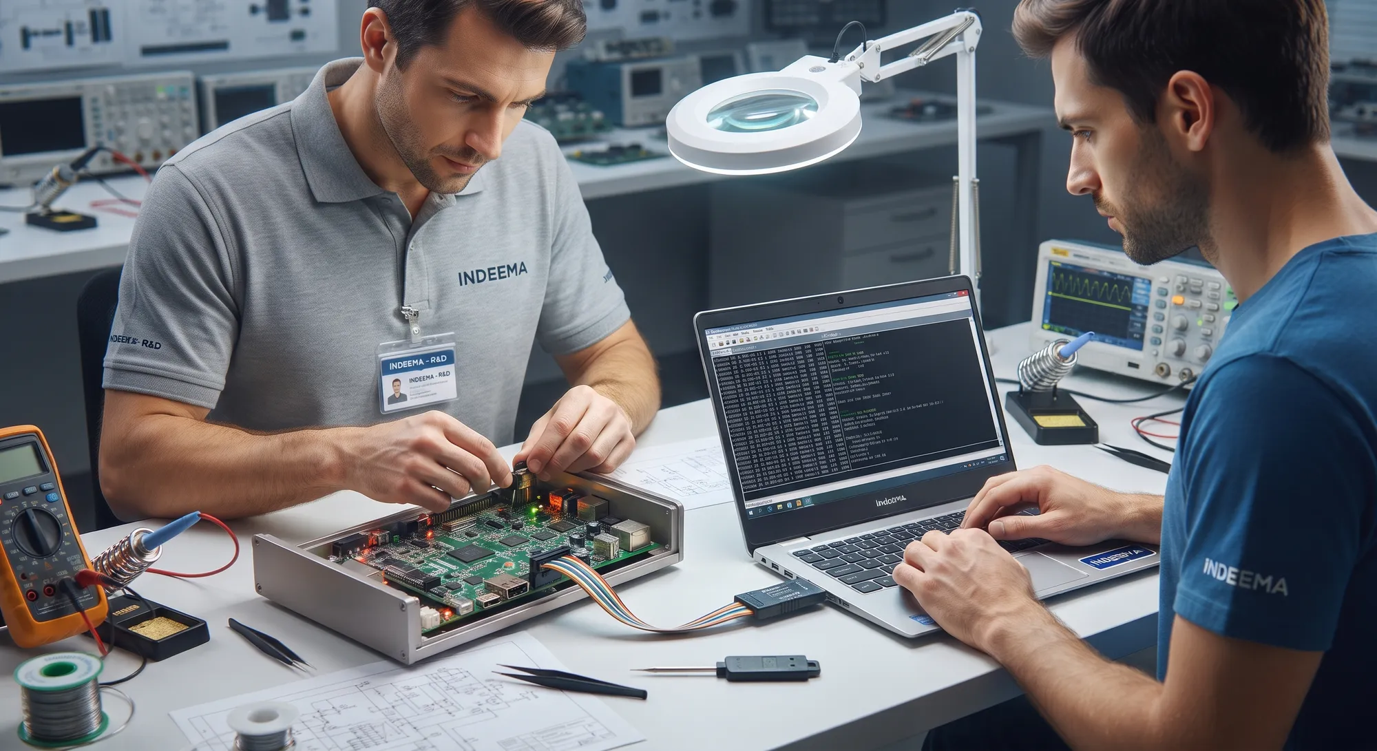 A hardware engineer working on a board in an open enclosure while a firmware engineer types at a laptop connected to it by a ribbon cable