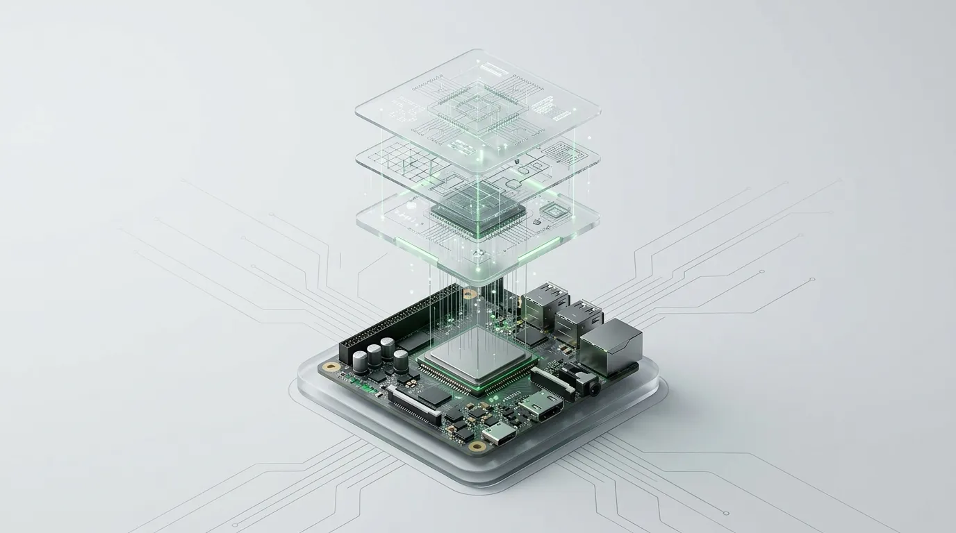 A circuit board with the layers of its firmware drawn as stacked glass plates above the processor
