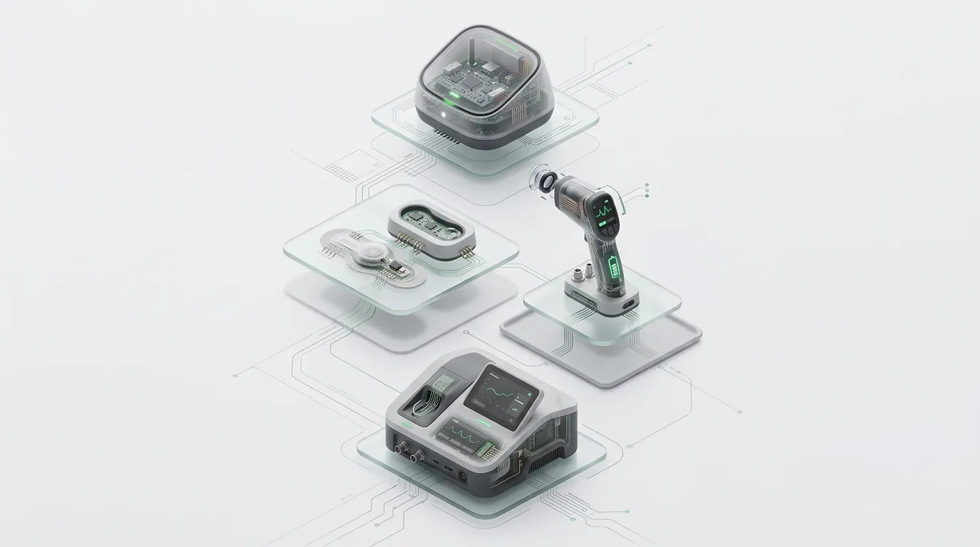 Four health devices on glass plates: a pair of small wearable sensors, a hand-held scanner, a base station with a screen and a dome-shaped device