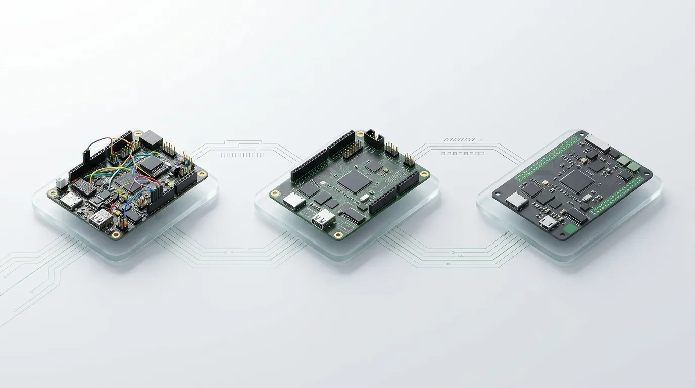 Three development boards in a row on glass plates, from a prototype with jumper wires to a cleaner revision