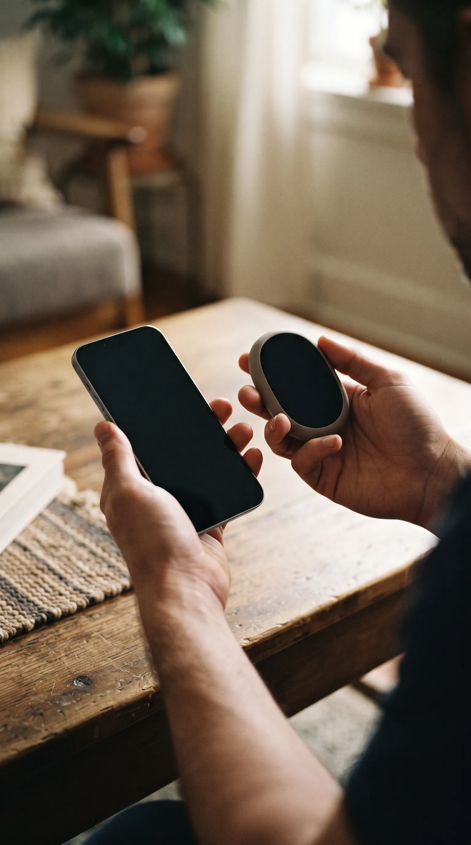 Hands holding a phone and a small rounded connected device over a wooden table in a lived-in room