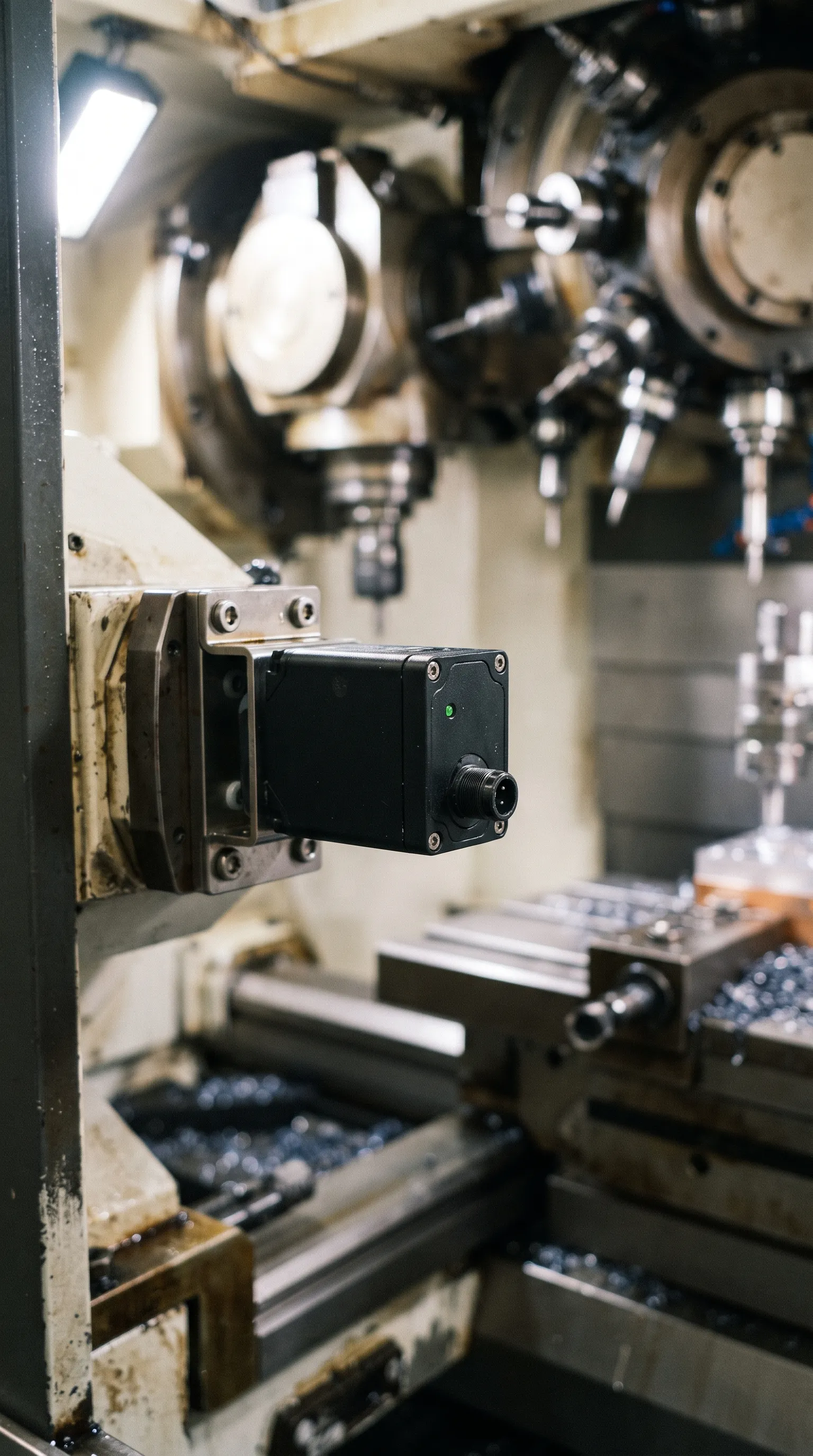 A small black monitoring unit with a status light and a cable connector, bolted to a working CNC machine