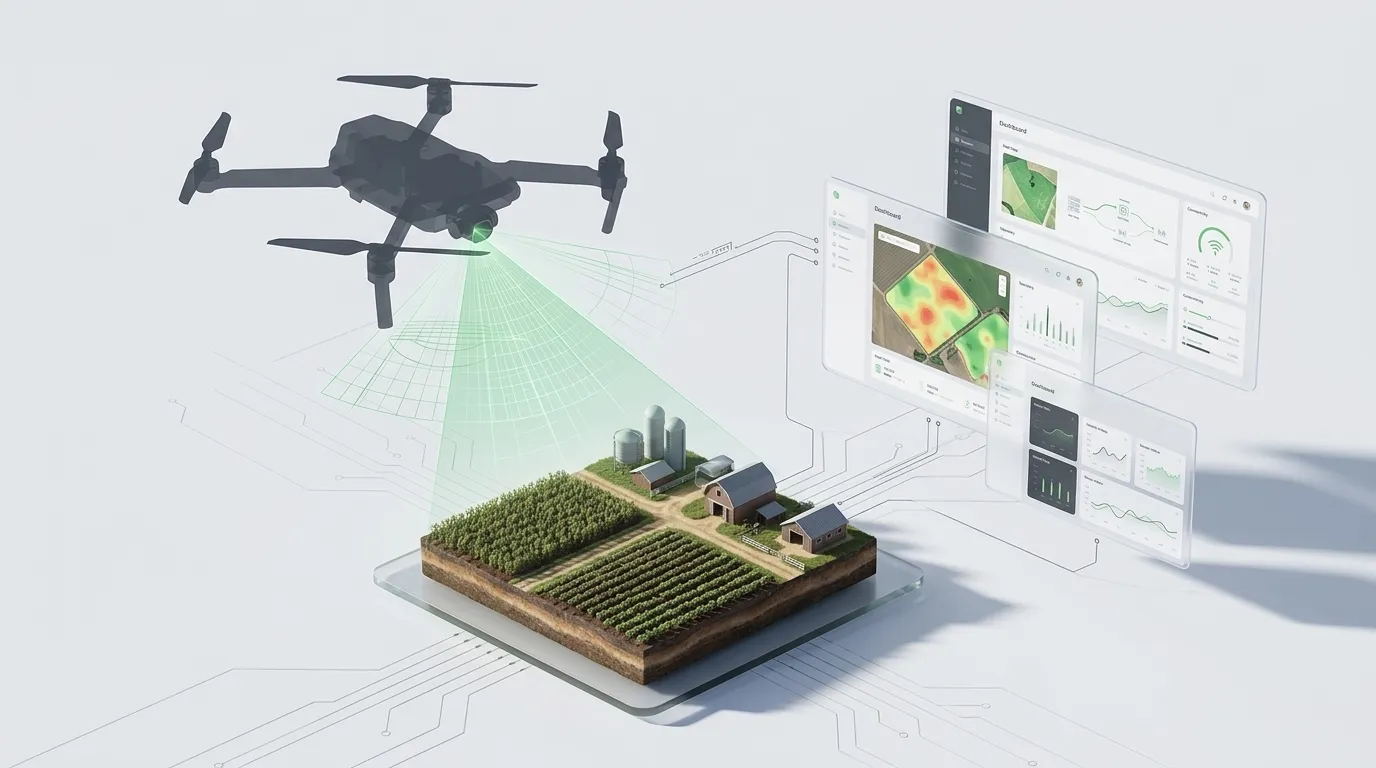 A drone surveying a small field and farm buildings, with crop maps and charts on panels beside it