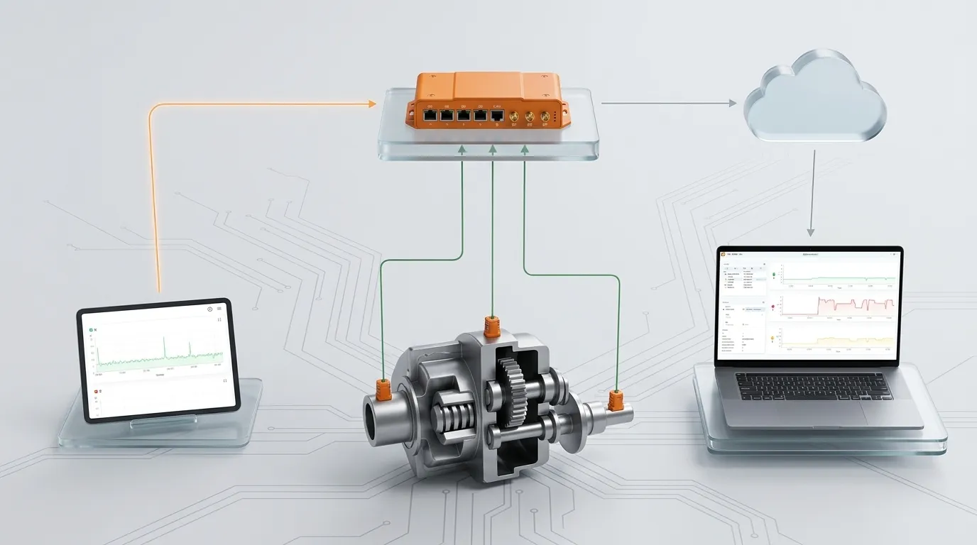 A cut-away pump with sensors wired to an edge gateway, which passes readings to the cloud, a tablet and a laptop