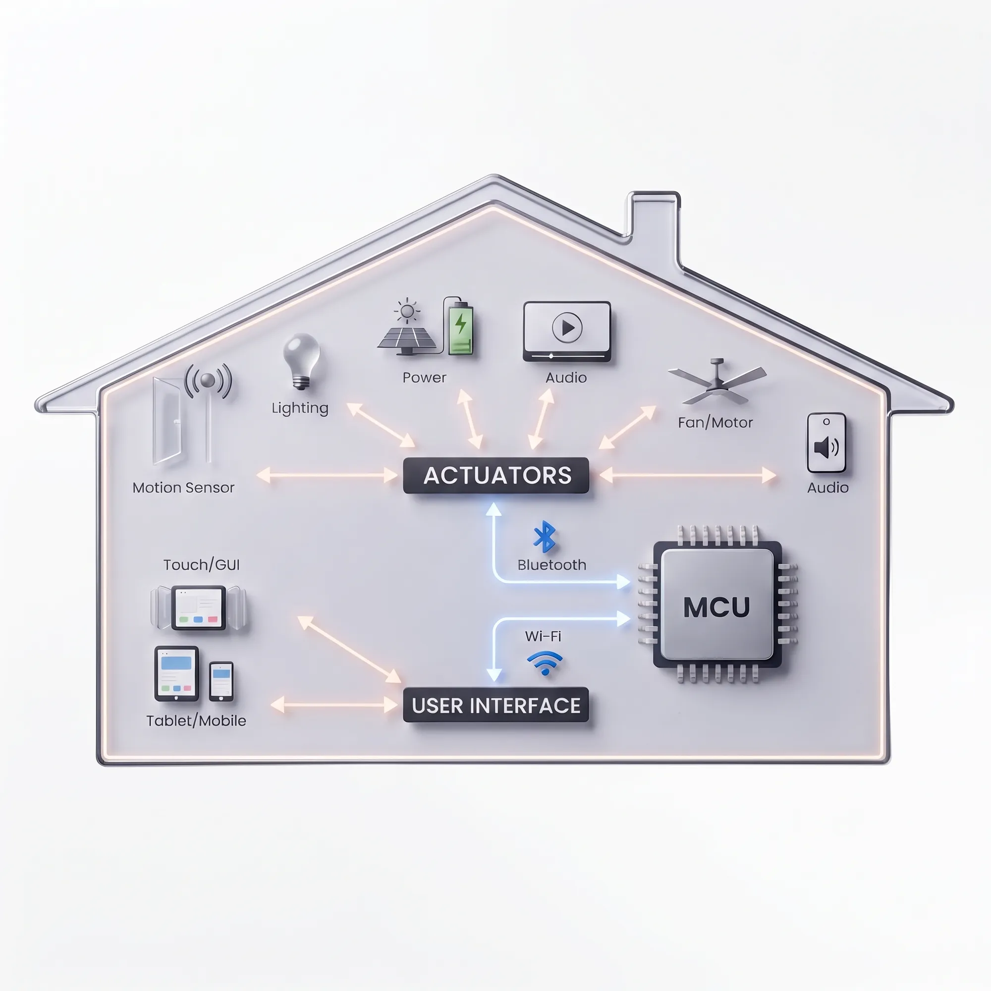 Diagram of a home: sensors, lighting, power, audio and a fan or motor connected over Bluetooth and Wi-Fi to a microcontroller, with a user interface on a tablet or phone