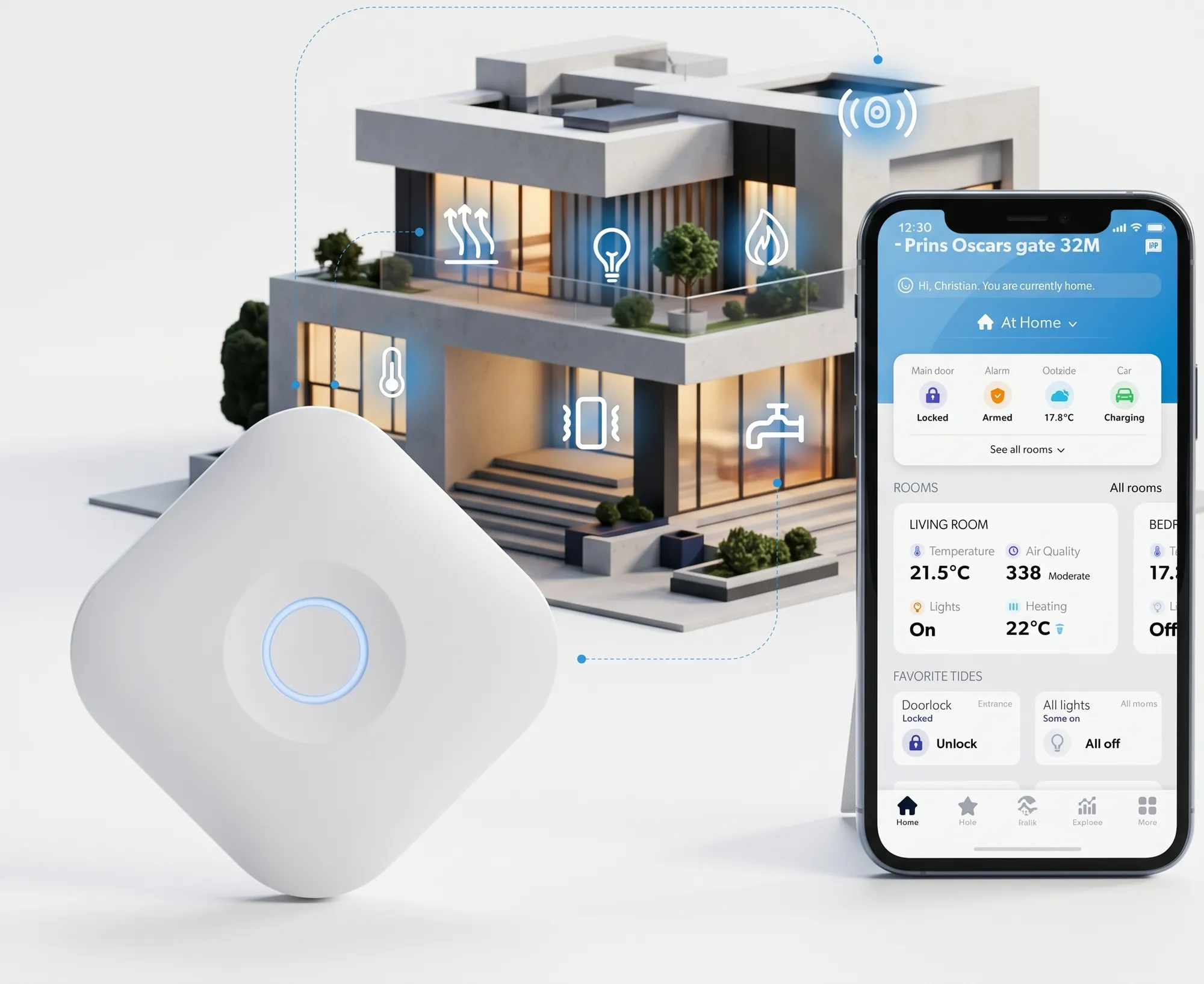 A model of a two-storey house with icons for heating, lighting, water and locks, a white hub and a phone showing the home app