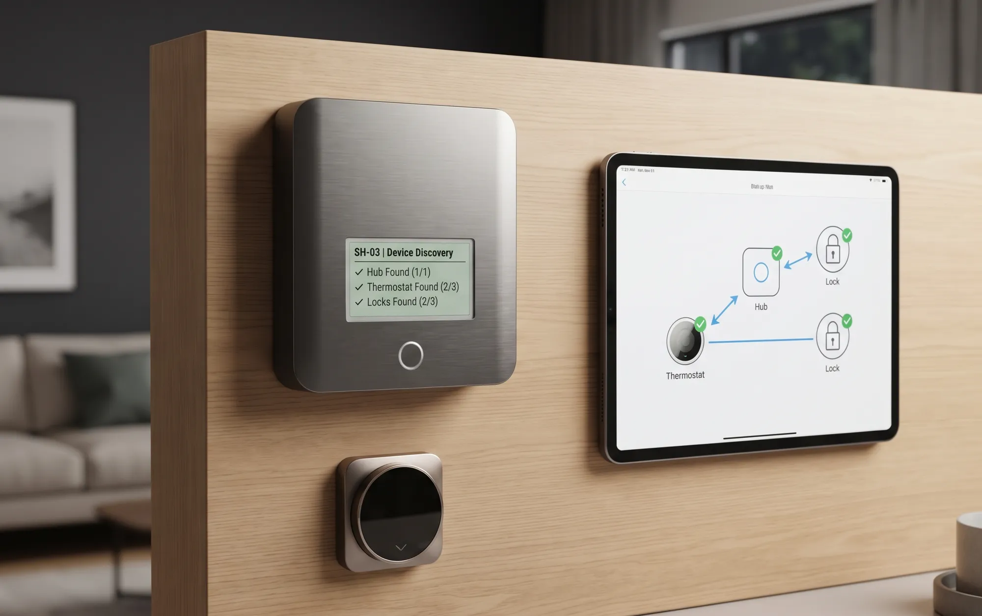 A wall-mounted hub listing the devices it has found, a thermostat dial below it, and a tablet showing the hub, the thermostat and two locks connected