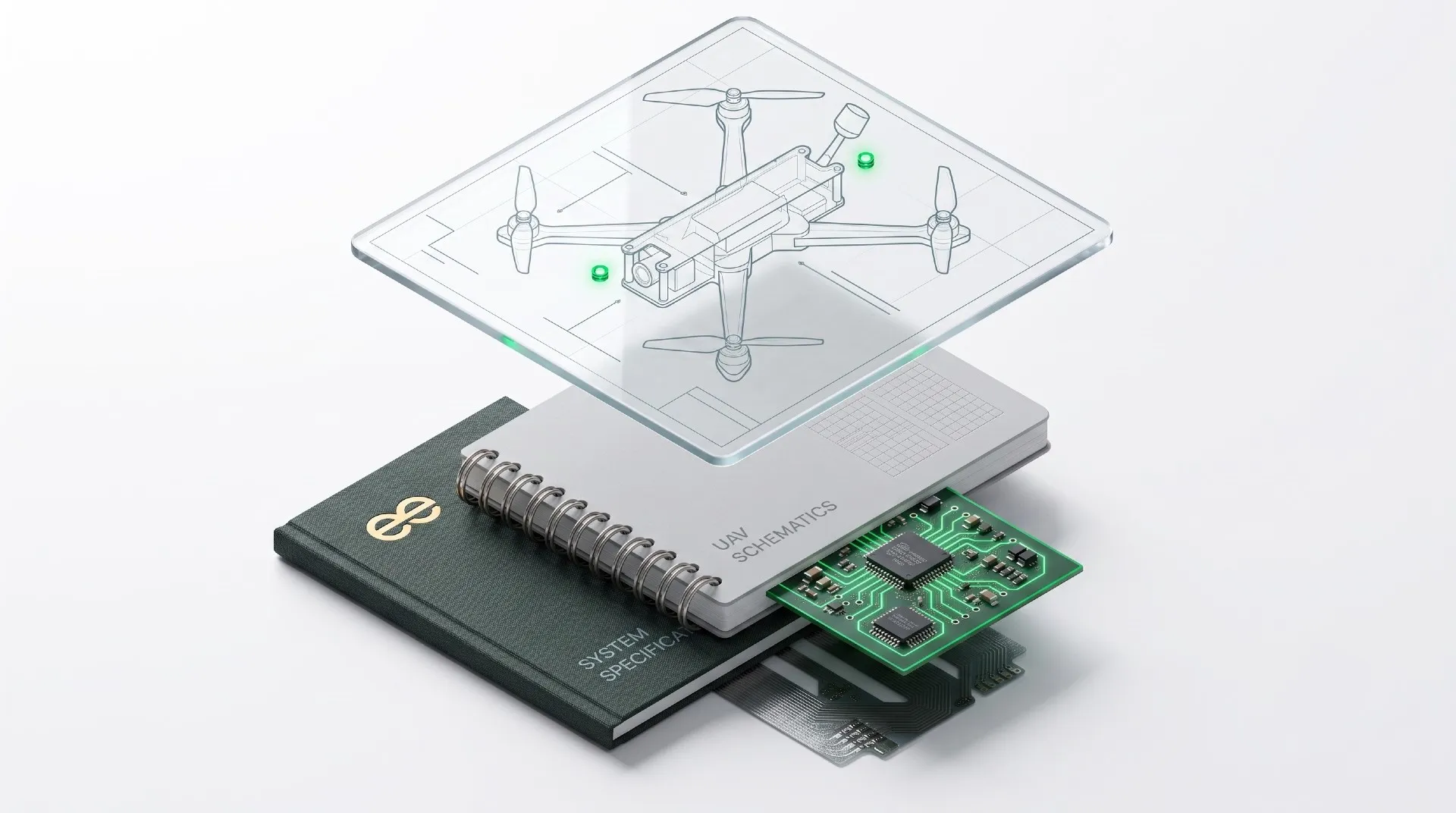 A drone outline on a glass plate above a closed notebook of UAV schematics, with a circuit board inside the notebook