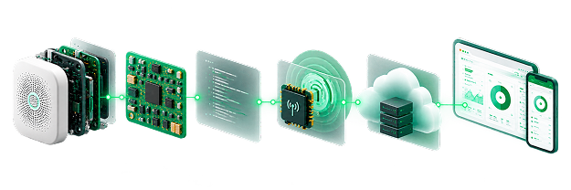 Device, circuit board, firmware, connectivity, cloud and application icons connected in a single flow