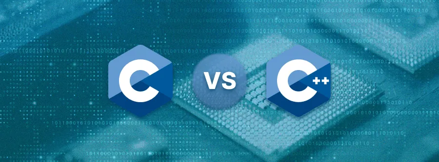 C and C++ language logos over a circuit board background