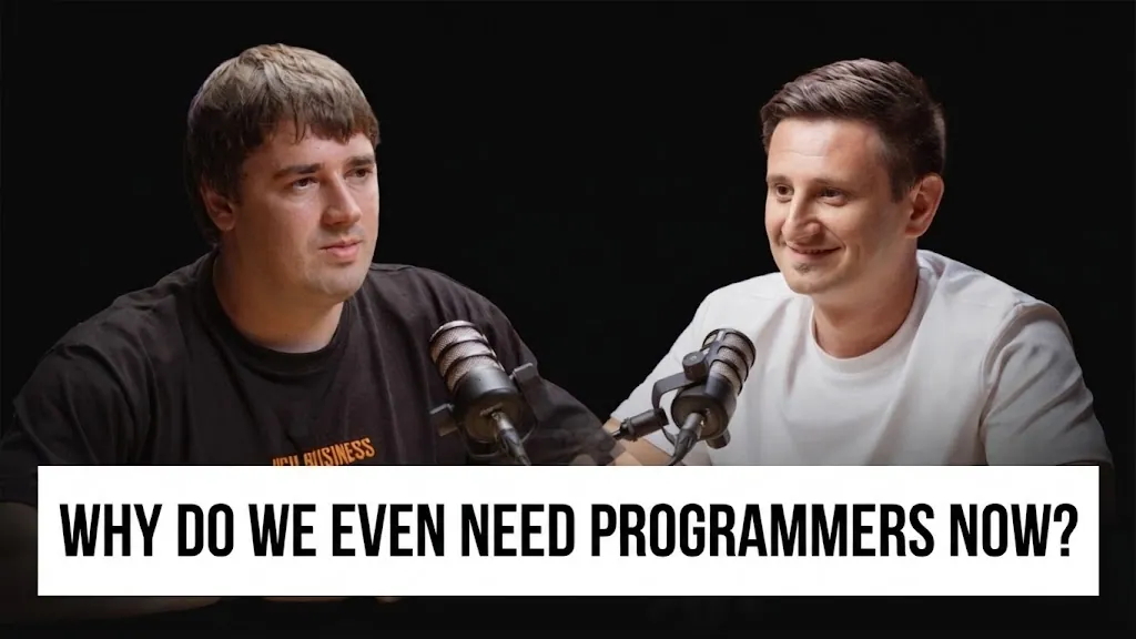 Taras Vasylyshyn, left, and Volodymyr Shevchyk at podcast microphones under the caption Why do we even need programmers now?
