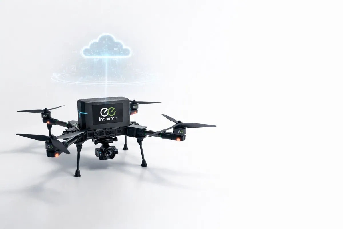 Indeema connected drone with a gimbal camera and a cloud connection symbol above it