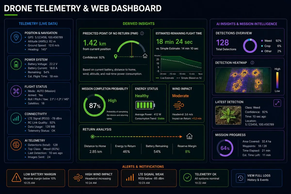 Drone telemetry and web dashboard with position, battery, point of no return, remaining flight time, mission probability and AI detection widgets