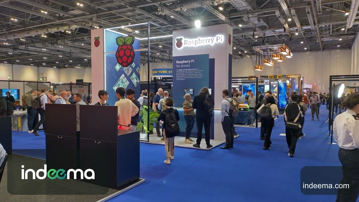 The Raspberry Pi stand in the main hall at DroneX 2026 with visitors