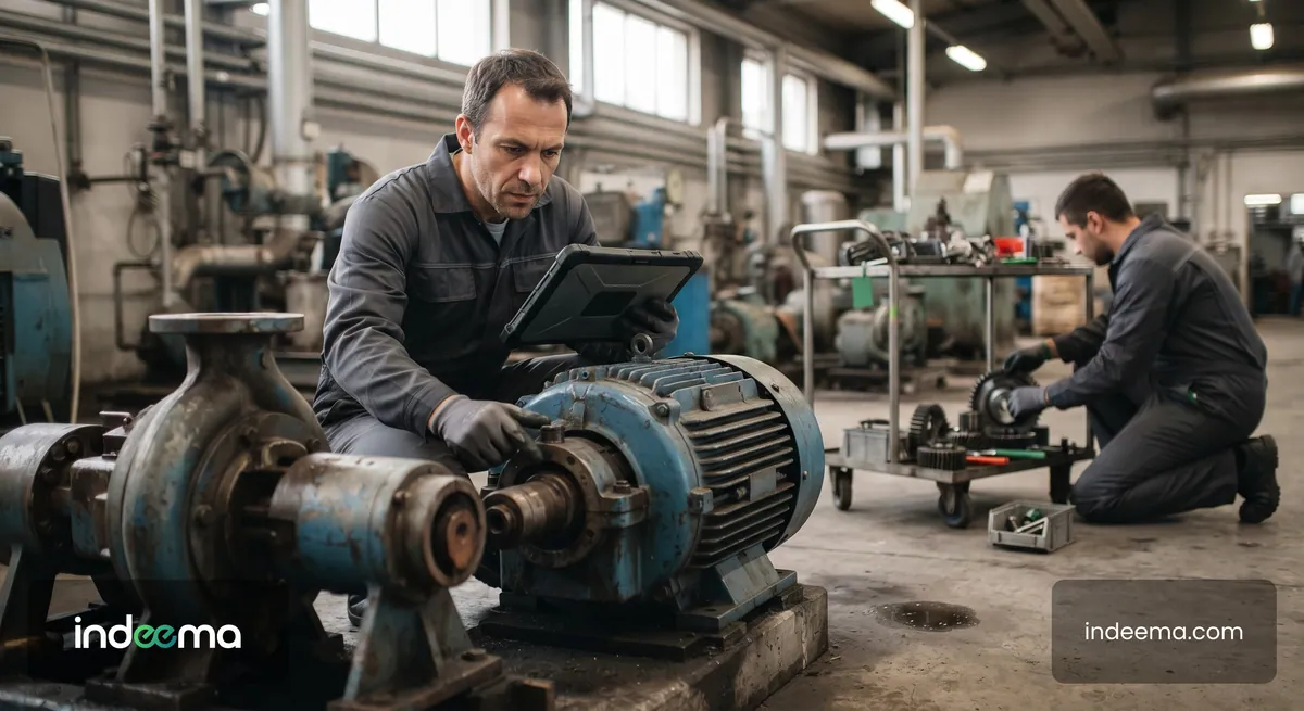 Maintenance technician with a rugged tablet checking an electric motor and pump while a colleague prepares spare parts on a cart