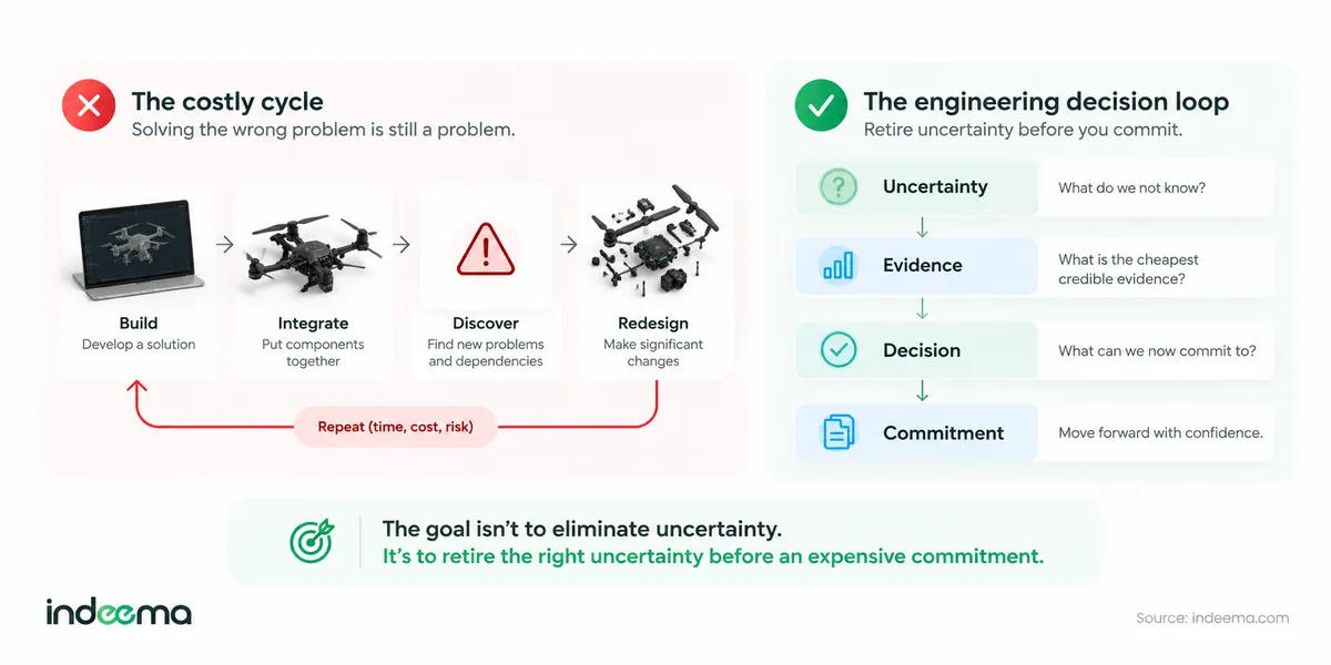Two loops: the costly cycle of build, integrate, discover and redesign, and the decision loop of uncertainty, evidence, decision and commitment