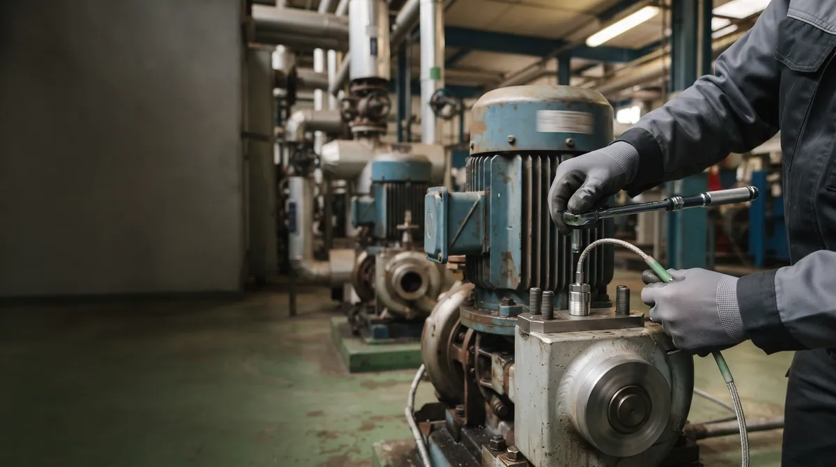 Gloved hands tightening a vibration sensor onto the bearing housing of an electric motor and pump in a plant room