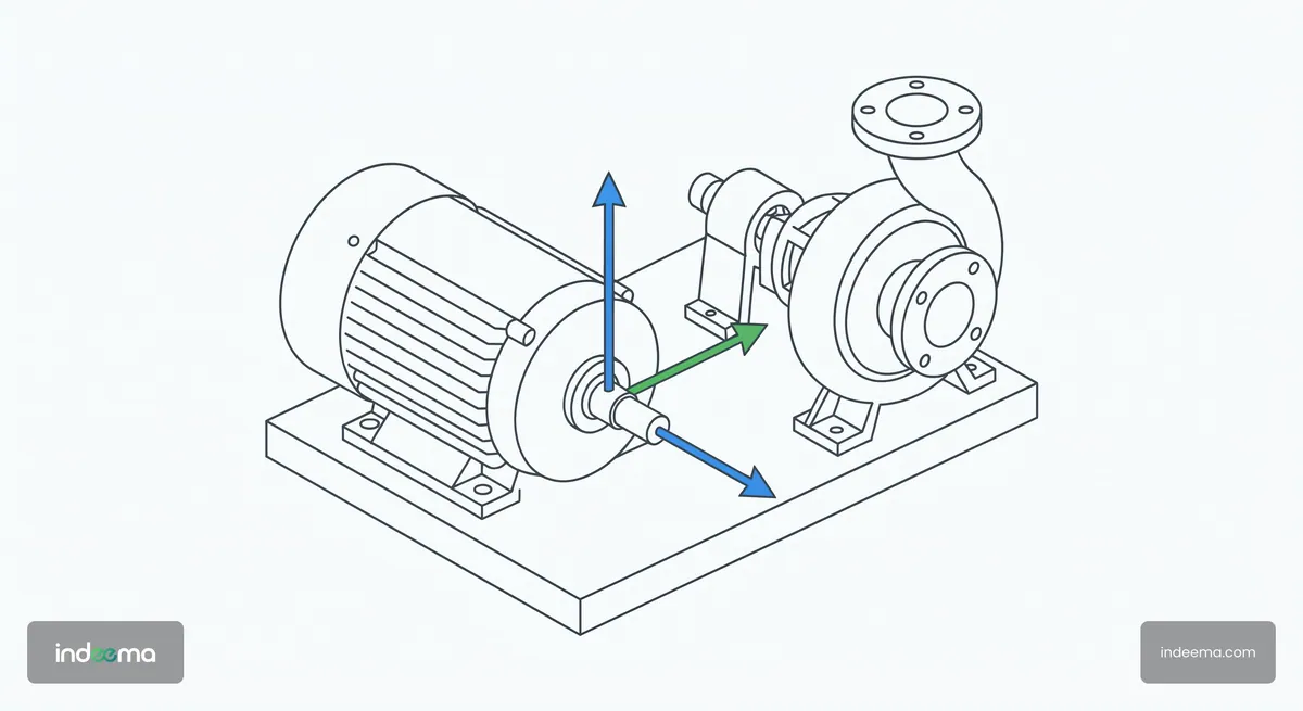 Line drawing of an electric motor and pump on a baseplate with three arrows marking measurement directions at the motor bearing