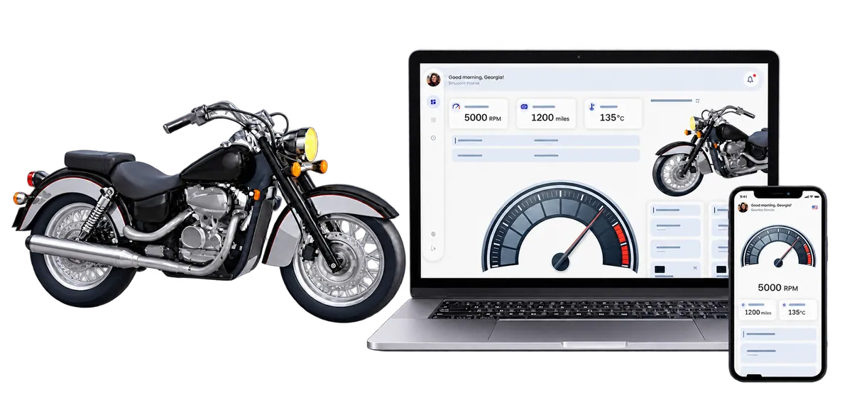Illustration of a motorbike beside a laptop and a smartphone showing a vehicle dashboard with engine speed, mileage and temperature