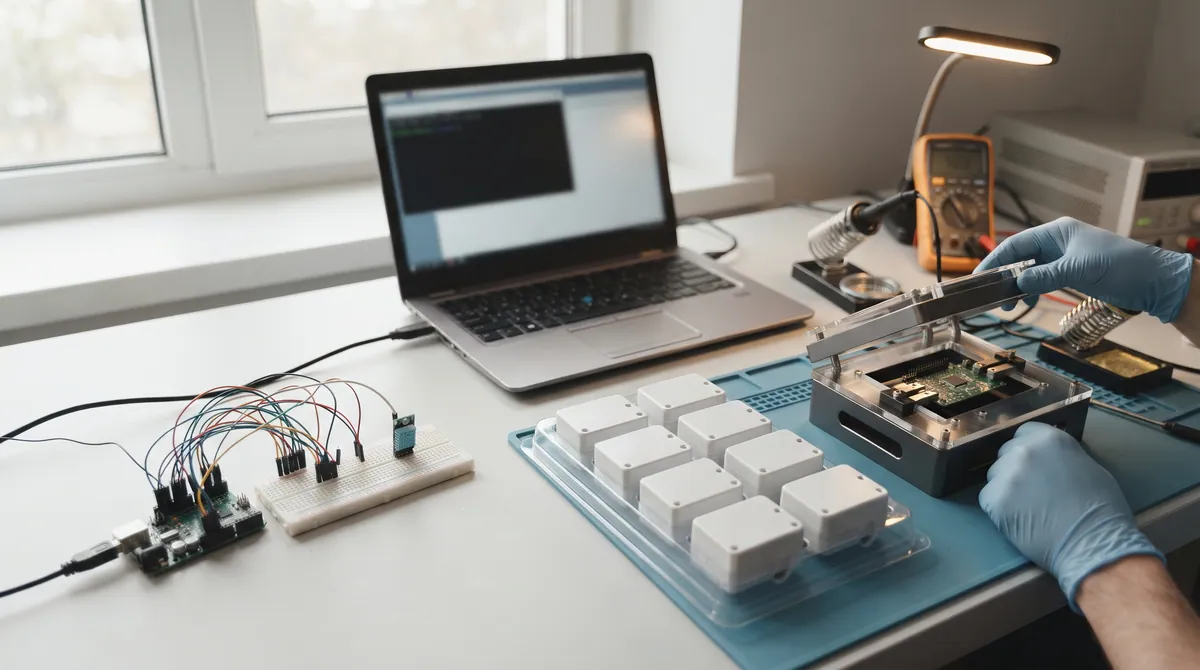 Engineering bench with a wired development-board prototype beside a tray of finished sensor enclosures and a circuit board in a test fixture