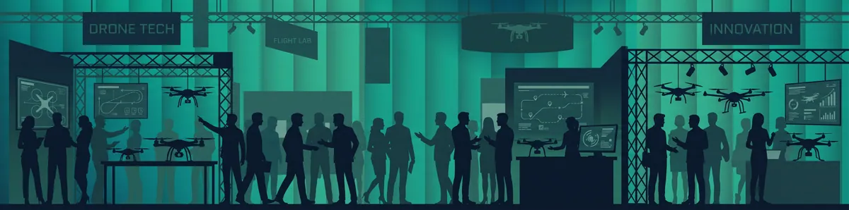 Illustration of a drone trade show floor with exhibition stands, drones and visitors in conversation, in Indeema green and charcoal