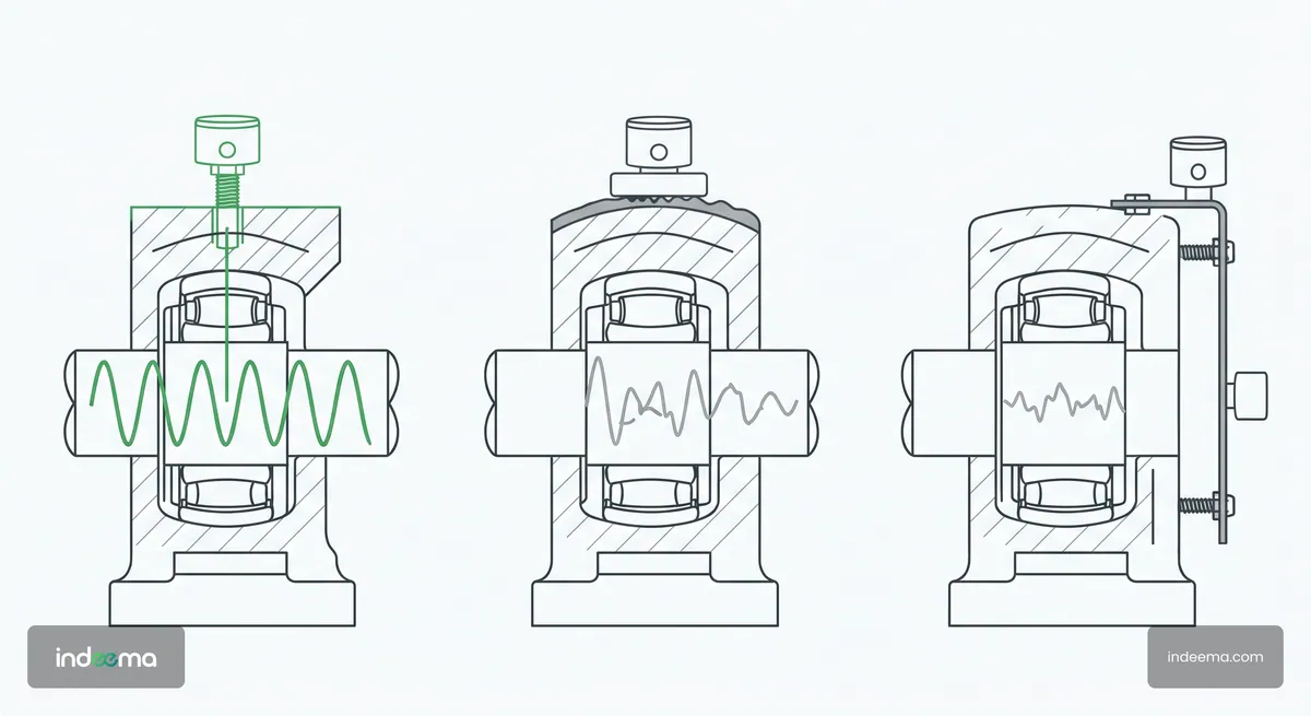 Three cross-sections of a bearing housing with a vibration sensor stud-mounted, on a magnetic base and on a cover plate, with signal quality shown for each