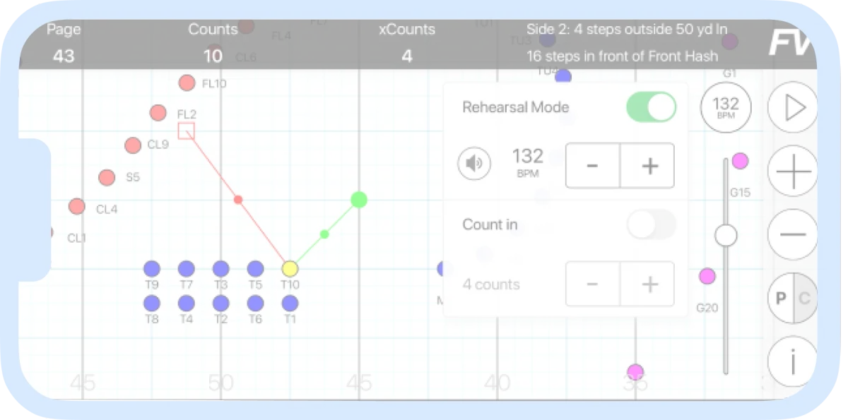 Phone screen of the UDB app showing performer markers on a field grid with page 43, counts and step information at the top, and a Rehearsal Mode panel with a 132 BPM tempo control.