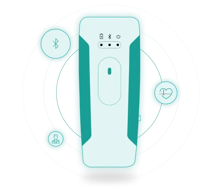 Illustration of the handheld sensor unit with battery, Bluetooth and power indicator lights and a central contact area.