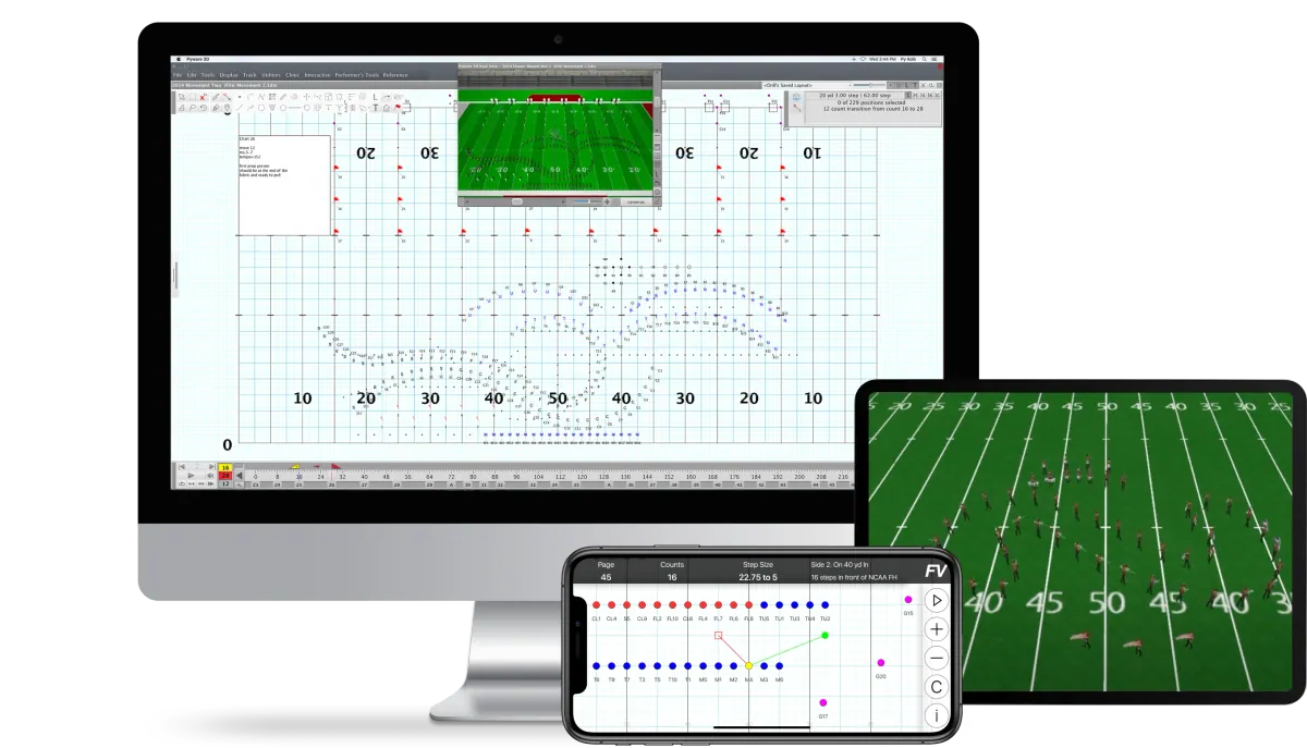 A phone running the UDB app with colored performer markers, page, counts and step size, in front of a desktop monitor showing a drill chart on a football-field grid and a tablet showing marchers on a field.